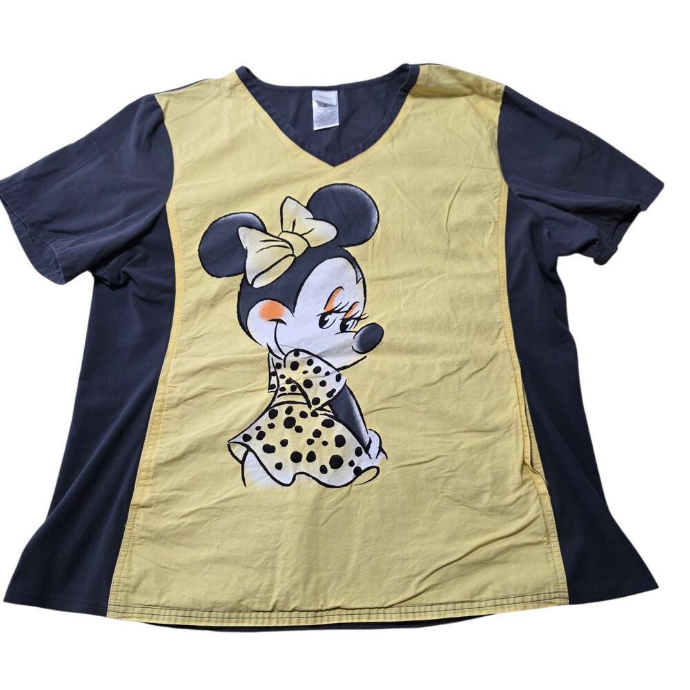 Disney Minnie Mouse Scrub Top Womens XL V Neck Medical Nurse Cartoon Print